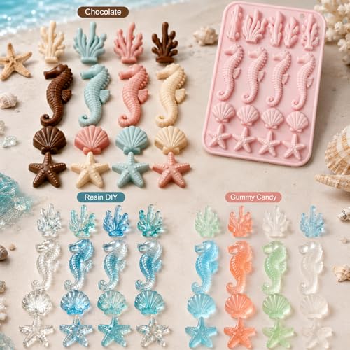 2 Pack Marine Theme Cake Silicone Mold Ocean Silicone Mold Ocean-Themed Baking Molds with Seahorse Starfish Seashell Coral Designs for Chocolate Candy Handmade Soap Resin Epoxy Fondant Ice Cube DIY - size: 17 Cavity