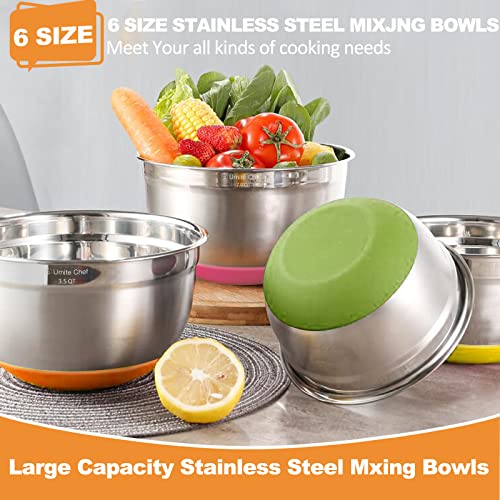 Umite Chef Mixing Bowls with Airtight Lids, 6 Piece Stainless Steel Metal Bowls, Measurement Marks & Colorful Non-Slip Bottoms Size 7, 3.5, 2.5, 2.0,1.5, 1QT, Great for Mixing & Serving - color: Multicolor