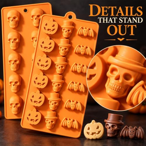 2 Pcs Halloween Silicone Molds, Halloween Pumpkin Bat Skull Shape Chocolate Molds for DIY Halloween Cupcake Candy Baking Molds - color: Halloween Molds