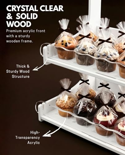 HOTCAN Cookie Display Stand for Bakers & Vendors with Acrylic Front | Wooden Dessert Stand with Chalkboard Sign for Market Booths, Craft Fairs & Events | 2 Tiered Cookie Display for Cupcakes, Muffins & Pastries (White) - color: White, size: 2 Tier
