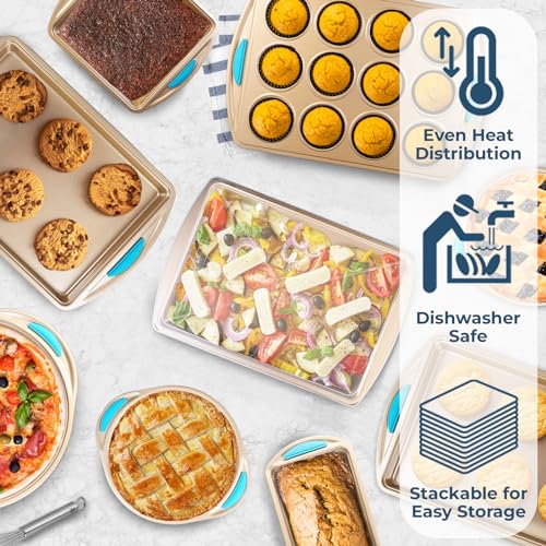 Perlli Baking Kit: Nonstick Gold Steel Oven Set - 10 Pieces, Cookie Sheets, Cake Pans, 9x13Pan with Lid, Loaf & Deep Pans, Pizza Crisper, Muffin Pan - Silicone Handles - color: Blue, size: 10 Piece