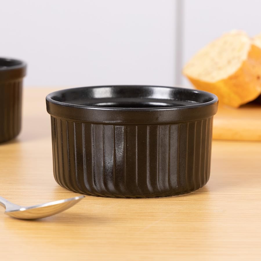 Yachi Ramekins Black, 6 oz Ceramic Set of 6 Stoneware Bakeware for Souffle Sauces Dipping Onion Soup Lava Cake Flan Creme Brulee Kit Pudding Mini Custard Oven Safe - color: Black, size: 6 OZ