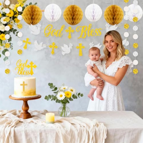 God Bless Banner Cross and Dove Glitter Dots Garland with Cake Topper Honeycomb Balls Set for God Bless Christening Baptism Party Decorations Boys Girls Holy First Communion Décor