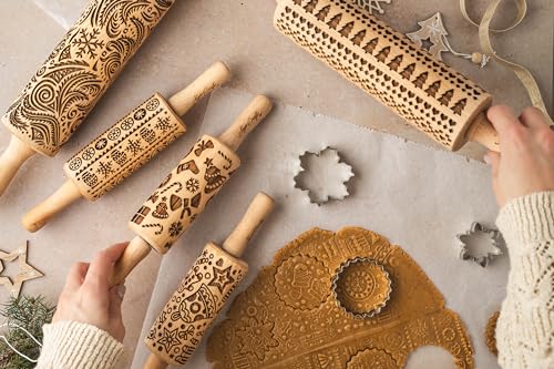 SCANDINAVIAN CHRISTMAS Embossing Rolling Pin Embossing Rolling Pin With Christmas Tree Deer Heart Gingerbread Cookies