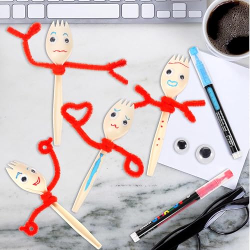 50 Set Fork Craft Kit Disposable Creativity Sporks DIY Fork Creativity Set Include Sporks Red Pipe Cleaners Self Adhesive Wiggle Googly Eyes Make Your Own Craft Kit for Party Projects