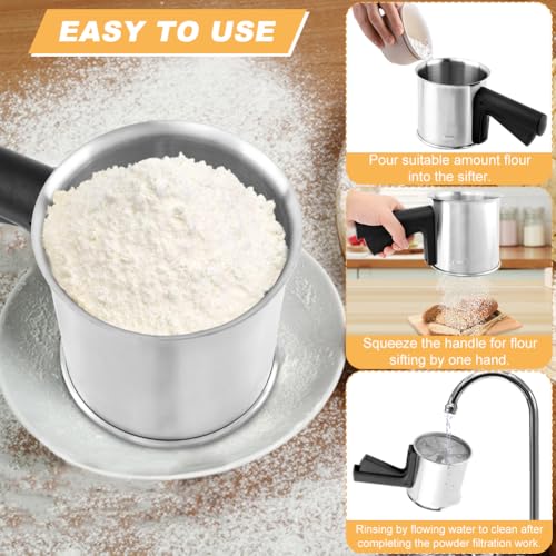 3 Cup Flour Sifter for Baking, Stainless Steel Hand Squeeze Fine Sieve