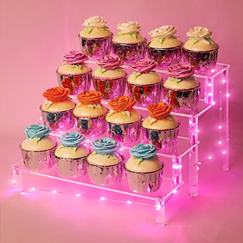YestBuy Display Shelf Cake Stand – 4 Tier Shelf Cupcake Stand – Multifunctional and Durable Acrylic Stand – Mounting Hardware Included – Ideal for Desserts, Cosmetics, Glassware, Figurines - color: Clear（Pink Light）, size: 4 Tier - 1 Pack