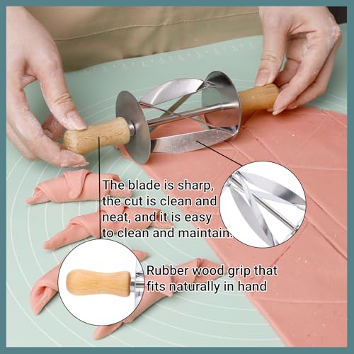 LiebeWH Croissant Dough Cutter Roller, Stainless Steel Triangular Pastry Slicer with Ergonomic Wood Handle One Pass 3 Cutting Tool for Home Bakery Silver 20 x 6 cm 1 Pack