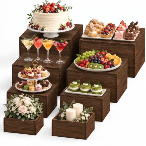 8 PCS Wooden Buffet Risers, Rustic Wood Cake Stands, Food Risers for Buffet & Dessert Table Display, Nesting Wooden Crates for Catering, Wedding, Party, Home Decor
