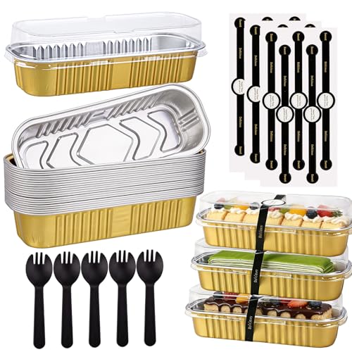 24 Pack Mini Loaf Pans, 7.5oz Mini Cake Pan & Mini Cupcake Pan Set – Disposable Aluminum Baking Pans with Lids, Spoons & Stickers, Premium Sturdy Gift Set for Cakes, Cupcakes, Desserts & Party Treats - color: Gold
