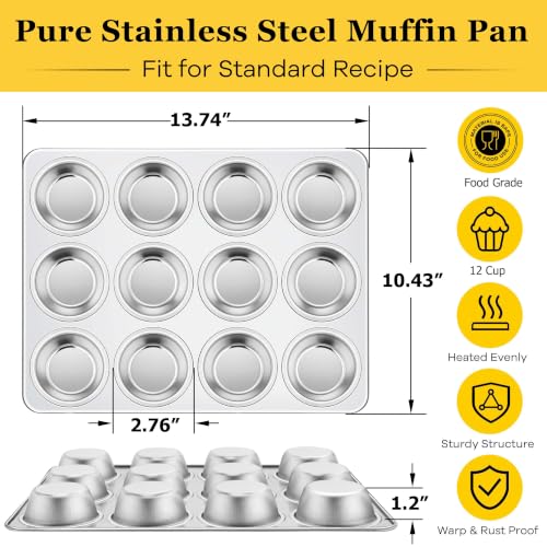 Homikit Stainless Steel Muffin Pans 12 Cups, 2 PCS Cupcake Pan Set Nonstick - size: 12 Cup