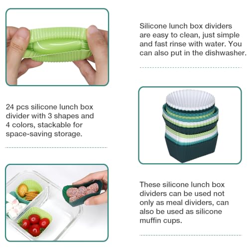 24 Pcs Silicone Lunch Box Divides, Cupcake Muffin Cups, 3 Shapes