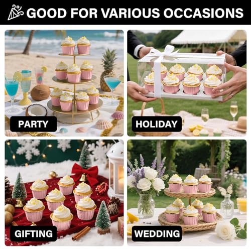 EUSOAR Cupcake Liners, 50pcs 3.5oz Aluminum Foil Wrappers Muffin Cupcake Containers, Disposable Dessert Ramekins Paper Baking Cups Mini Cheesecakes Holders for Birthday Wedding Party-Pink/Gold - color: Pink/Gold, size: 50pcs