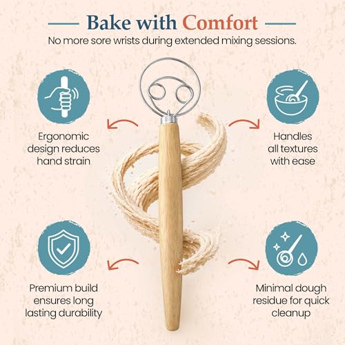 Danish Dough Whisk, 13-Inch Stainless Steel, Wooden Handle