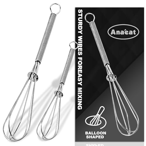Anaeat Small Wire Whisk Set of 2, Portable Stainless Steel Kitchen Tiny Whisk & Egg Beater with Thick Wire - Sturdy Mini Mixing Balloon for Cooking, Blending, Whiping, Beating and Stirring (6" + 8") - color: 2 Pieces Silver, size: 6+8 inch
