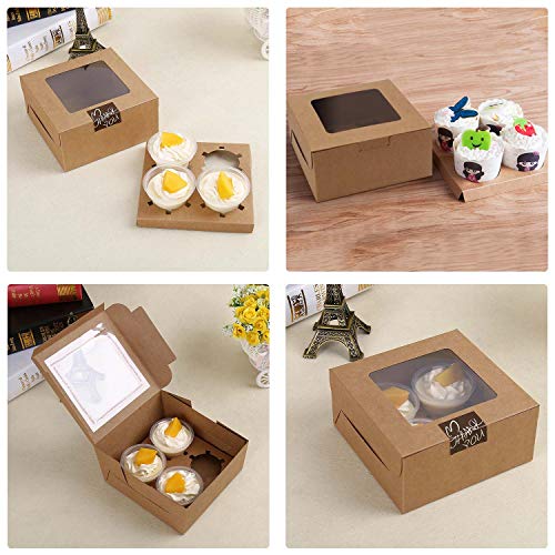 EUSOAR Muffins Boxes 4 Count, 50pcs Muffin Containers Cupcake Boxes with Insert and Display Window, Natural Color Kraft Cupcake Carrier Fits 4 Cupcakes or Muffins (6.4" x 6.3") - color: Kraft, size: 50pcs, 4 Holders