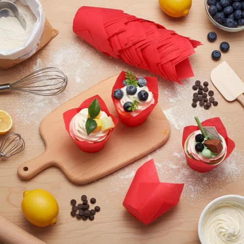 600 Pcs Tulip Cupcake Liners, Solid, Red - color: Red