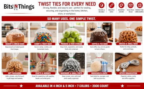 4 Inch Yellow Twist Ties - 2000 Count | Paper Coated Wire Bag Ties | Bread Bags, Bakery, Candy, Coffee & Food Packaging | Dispenser Box | Bits N Things - color: Yellow, size: 4 Inch - 2000 Count