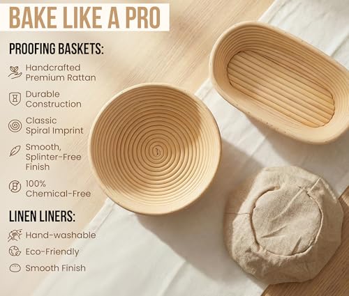 Kook Banneton Bread Proofing Set, Artisan Sourdough Bread Making Kit with Round & Oval Rattan Baskets, Liners, Dough Scrapers, Scoring Lame + Blades, Brush & Dough Cover (Set of 2) - color: Oval & Round Deluxe Set