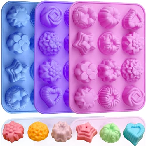 Soap Molds Silicone Flower Shapes 3 Packs for Chocolate Gelatina Lotion Bar Candy Ice Cube Jelly Bathbomb, Blossom Rose Baking Tray Molds Unique Heart Star Food Grade Non-stick Homemade DIY BPA free - style: Small Flower 3PCS