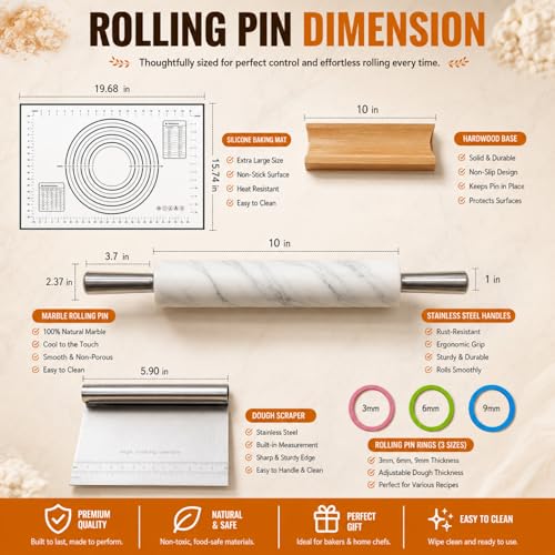 Premium White Marble Rolling Pin Set with Natural Veins, Stainless Steel Handles, Wooden Stand, Pastry Mat, Dough Cutter & 3 Thickness Rings – Baking Gift Set
