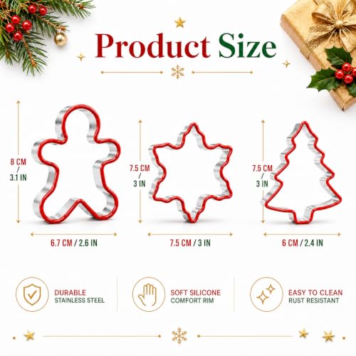 Crethinkaty 3 PCS Christmas Cookie Cutter Set,Gingerbread Man,Snowflake,Christmas Tree Shape with Soft PVC Edge Xmas Cookie Cutters for Baking - style: style 5