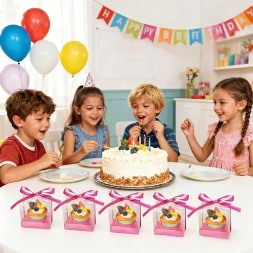 12Pcs 3.5inch Individual Cupcake Boxes with Ribbon, Clear Single Cupcake Containers (hot pink) - color: hot pink, size: 12pcs