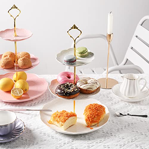 Sweejar 3 Tier Ceramic Cake Stand Wedding, Dessert Cupcake Stand for Tea Party Serving Platter(Rose White) - color: Rose White