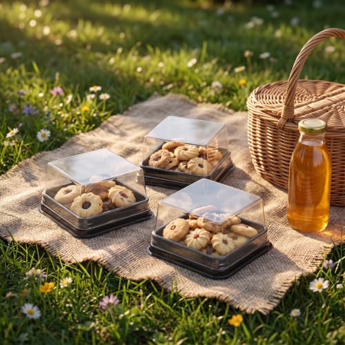 100 Set Plastic Single Individual Cupcake Containers Muffin Dome Holders with Lids, Mini Cupcake Containers Square Moon Cake Box Stand, Cookies Muffins Dome Box Mini Dessert Boxes- Black