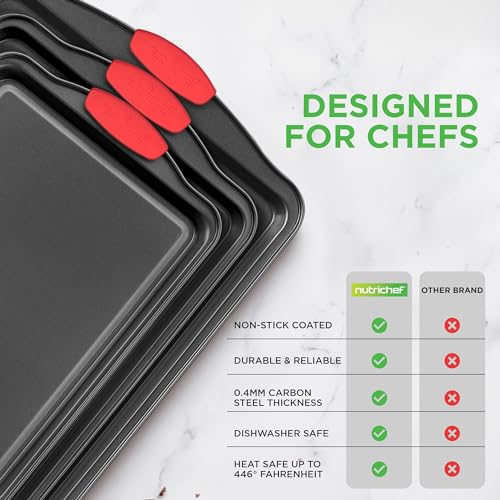 NutriChef 3-Piece Cookie Sheets for Baking, Non-Stick Baking Pans Set with Silicone Handles, Stackable Oven Trays in Small, Medium & Large Sizes for Professional and Everyday Use, 2026 Edition - size: 3-Piece Set 2026 Edition