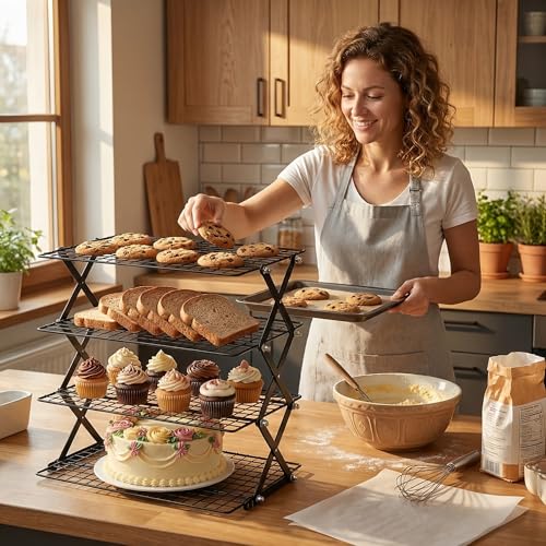 4-Tier Collapsible Cooling Rack for Baking, 3-Setting Adjustable Stackable Cookie Rack, Durable Nonstick Space-Saving Stand for Cooking, Roasting, Drying, Grilling, Cottage Bakery