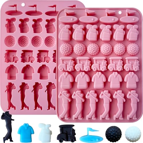 2PCS Golf Ball Chocolate Mold 32 Cavities Golf Ball Sports Silicone Candy Molds Golf Bags Shirts Golfer Shapes Ice Cube Molds Golf Mould for Chocolate Candy Fondant Jello Sugar Baking Cupcake Decor - color: Pink