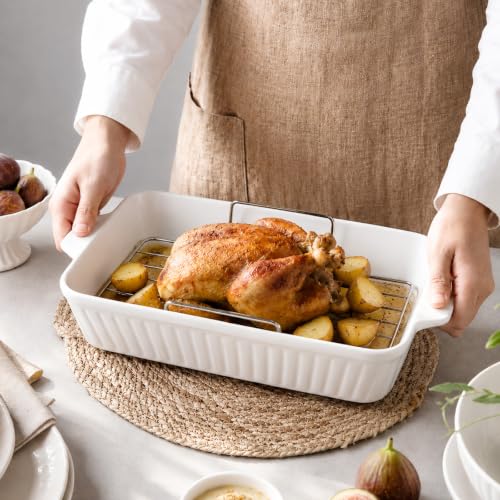 DOWAN 9x13'' Baking Dish with Handles Rack, Deep Ceramic Casserole Pan & Stainless Steel Roasting Rack for Oven, Chicken & Meat Resting, Ceramic Lasagna Pan, Dishwasher & Microwave Oven Safe-White - color: White