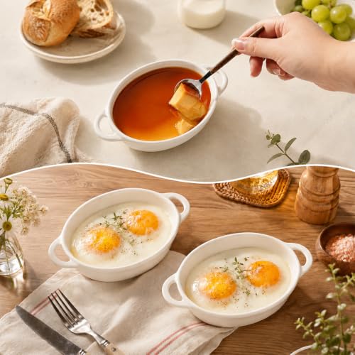 Foraineam 6-Pack Oval Porcelain Ramekins, 10 Ounce Ceramic Creme Brulee Souffle Baking Ramekin Dishes Bowl with Double Handles, Dishwasher and Oven Safe