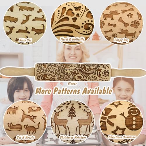 Embossed Rolling Pin for Baking Cookies Embossing Rolling Pins with Design Wooden Engraved Springerle Roller Pin Dough Animal Patterned Clay Pottery Ceramic Stamp Mold Gifts Bakers Women (Cat) - color: Kitty Cat