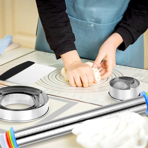 Dandat Rolling Pin Set with Adjustable Rings Baking Mat Cutters, Black - color: Black