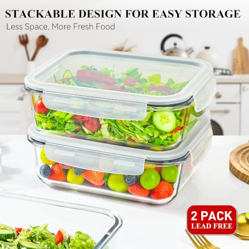 2 Pack 78 Oz / 9.8 Cups Large Glass Food Storage Containers with Lids, Meal Prep Containers for Baking, Serving, Glass Storage Container, BPA Free, Leakproof, Freezer, Microwave/Oven Safe - color: Grey