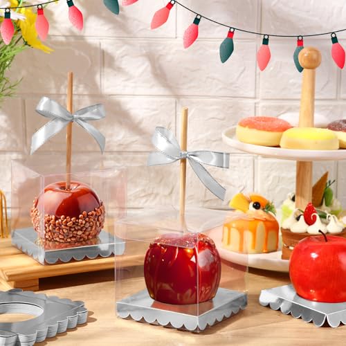 Weysat 100 Pcs Candy Apple Boxes, Silver Base Clear PET with Hole Top - color: Silver