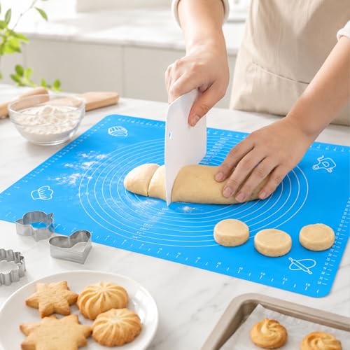 Silicone Baking Mat for Rolling Dough, Non Stick Pastry Mat with Measurements, Anti Slip Kitchen Counter Cover for Kneading, Pie Crust, Pizza and Cake, Blue
