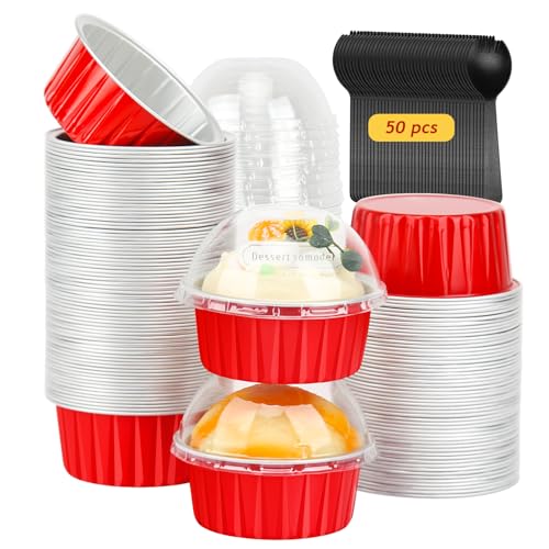 Free-Air 5oz Cupcake Tins with Dome Lids, Dot Cake Cups Mini Cake Pans - color: Red