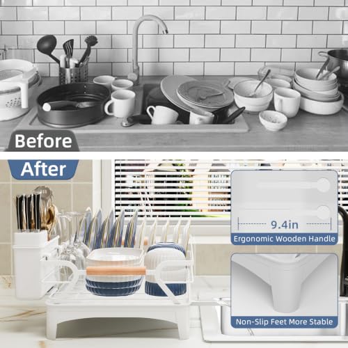 Dish Drying Rack,Space Saving Dish Drainer for Kitchen Counter & Sink,White - color: White