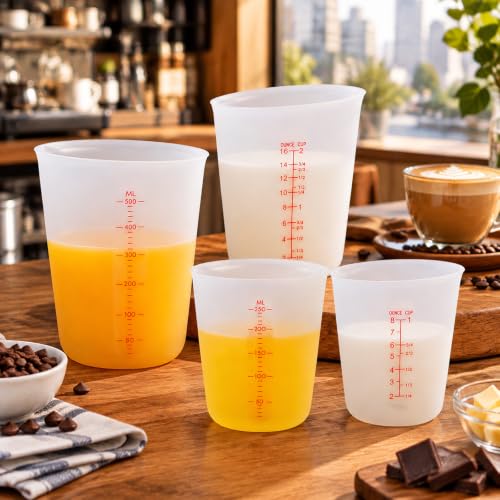 Hedume Set of 4 Silicone Flexible Measuring Cups with Marking, 2 Pack 8 Ounces(1-cup) and 2 Pack 16 Ounces(2-cup) Squeeze and Pour Silicone Measuring Cup Set