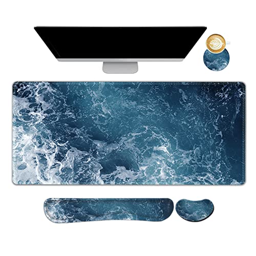 ARTSO Gaming Mouse Pad Extended, Keyboard Wrist Rest Pad & Wrist Support Abstract Mousepad Set, Non-Slip Base, Memory Foam Desk Mat, Ocean Waves - color: Ocean Waves
