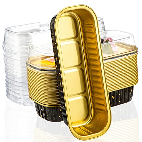 EUSOAR Mini Cake Pans with Lids, 25pcs 6.8oz 6.5"x2.5"x1.2" Aluminum Foil Mini Loaf Cake Baking Cups Pan with Lids，Disposable Creme Brulee Ramekins Baking Cups Containers, Dessert Cheesecake Pan Cups - color: Black Meteor Shower, size: 25pcs
