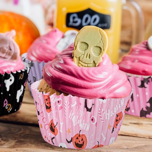 JarThenaAMCS 300Pcs Halloween Cupcake Liners Pumpkin Ghost Spider Web Bat Paper Baking Cups Pink Purple Orange Black Standard Muffin Cupcake Wrappers for Party Supplies Table Decor