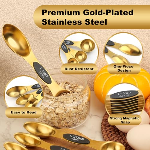 Gold Magnetic Measuring Spoons Set Stainless Steel with Leveler, Dual-Sided Stackable Metal Measuring Spoons for Baking & Cooking, Fits in Spice Jars, Heavy Duty Kitchen Gadgets, 8 Spoons & 1 Leveler - color: Gold