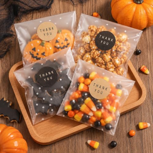 NPLUX Small Halloween Candy Bags, 200 Pack 4x4 in for Bake Sales - color: White Polka Dot, size: 4x4 Inch (Pack of 200)