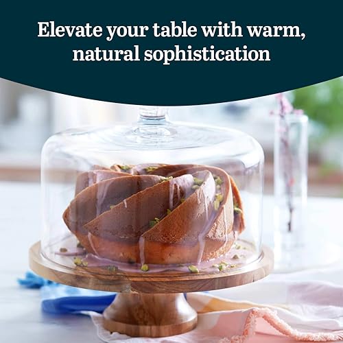 Libbey Acacia Wood Cake Stand with Glass Dome Lid, Footed Server - color: Footed Round