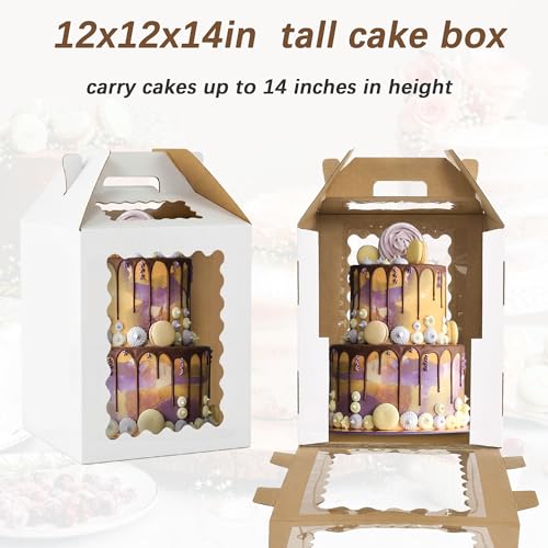 3 Pack 12in Tall Cake Boxes for Tier Cakes, 12x12x14 Inch Tiered Cake Box,Tall Cake Carrier with Window, 10in 12in Large Tierd Bakery Take Out Transport Containers with Handle - color: 12x12x14in-3P