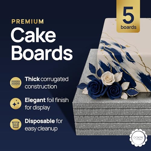 O'CREME Silver Foil Square Cake Board - Gorgeous Design, Sturdy & Durable 1/2" Thick Drums, 20" x 20" Inch, Pack of 5 Disposable - color: Silver, size: 20" x 20"